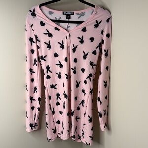 PLAYBOY Pajamas Light Pink Onesie with Black Bunny Print | Loungewear Button Up